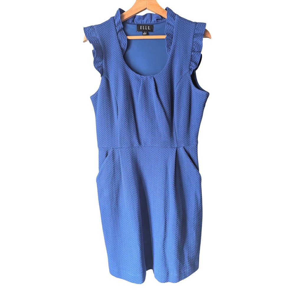 Elle Sheath Dress Womens 12 Blue Textured Ruffle Collar Sleeveless Pockets Work
